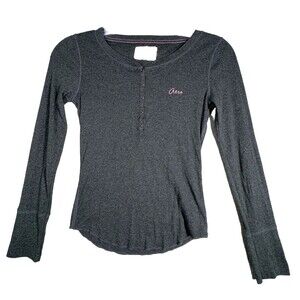 Aeropostale Shirt Juniors Large Gray‎ Pink Logo Henley Neutral Casual Bella Swan